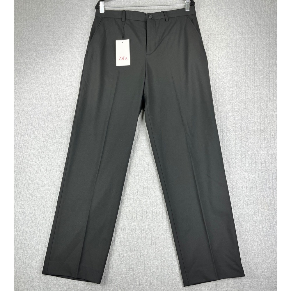 New Zara Dress Pants Men 30(32x31) Black Flat Front Straight Leg Formal Trouser